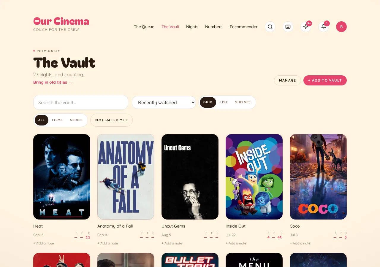 The Vault showing watched film posters and ratings