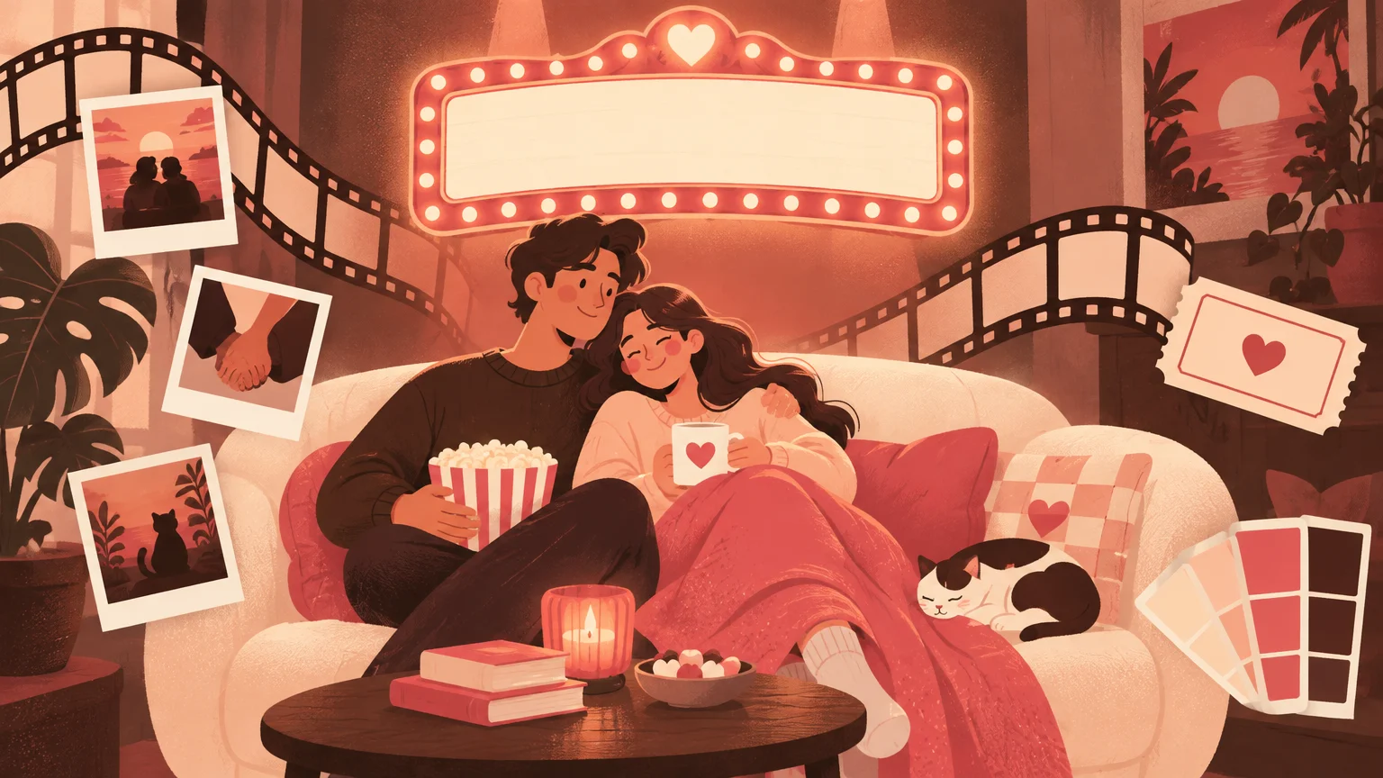 A cinema marquee with a sofa, photos, tickets and colour swatches