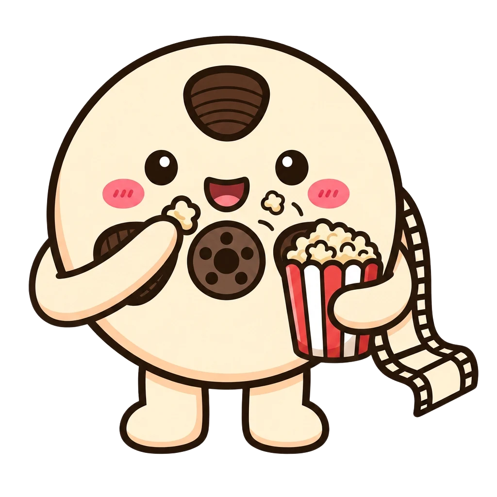 Reel is settling in with popcorn (Reel, the Our Cinema popcorn mascot)