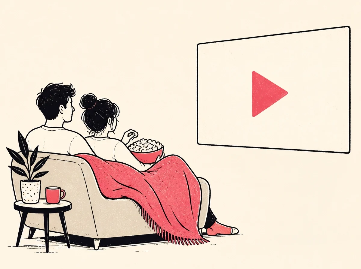 Two people sharing popcorn on a couch in front of a projector screen