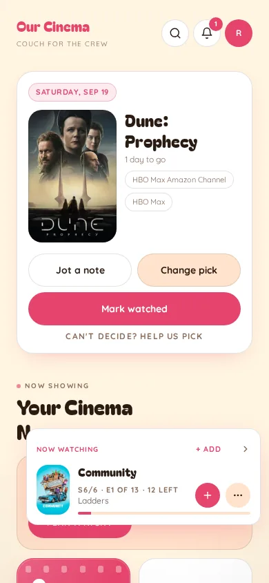 Our Cinema on a phone showing tonight's pick, Dune: Prophecy, with local streaming chips for HBO Max Amazon Channel and HBO Max