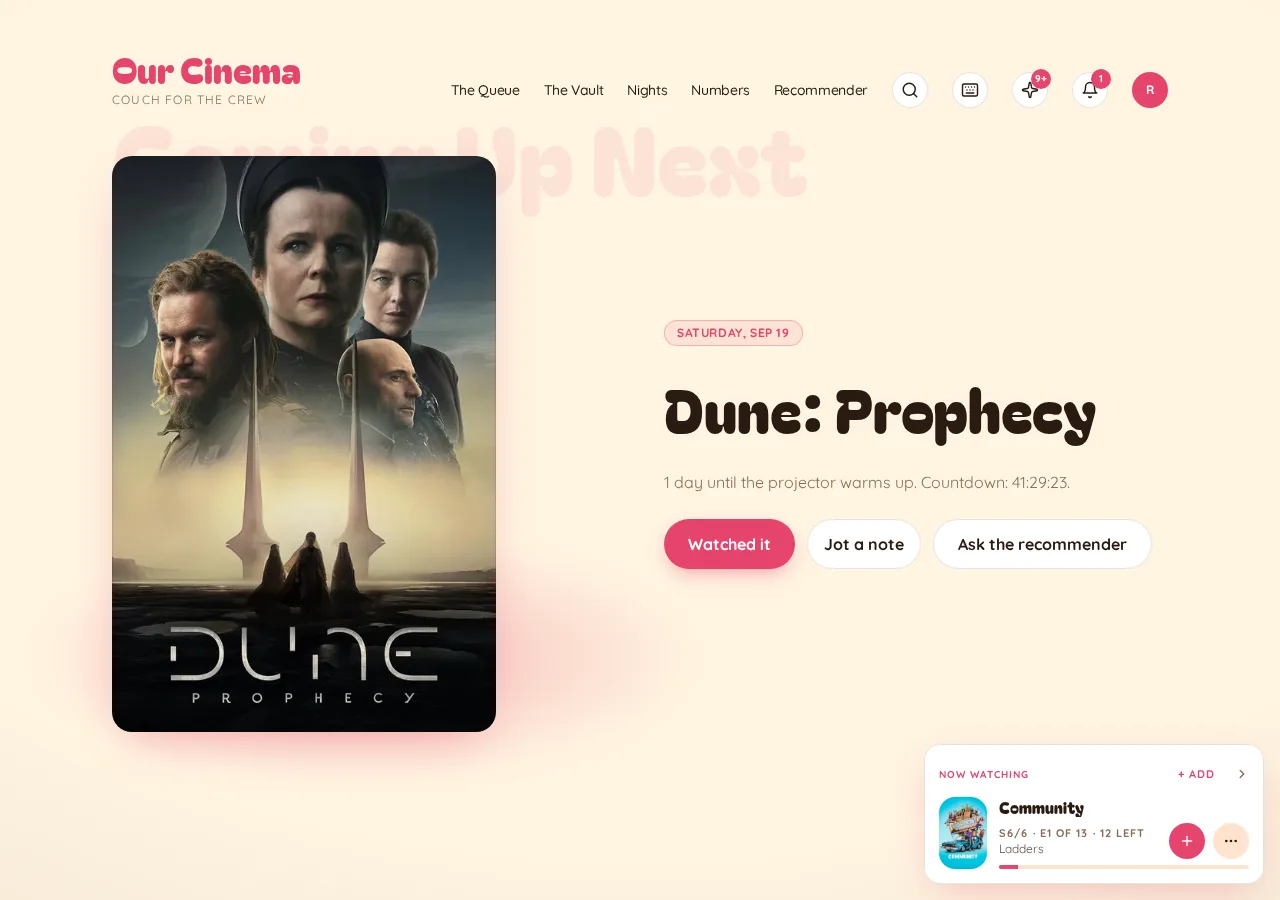Our Cinema home screen showing the next movie night